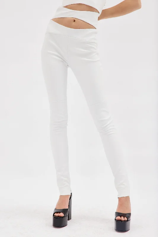 High Waist White Diamond Leather Pants