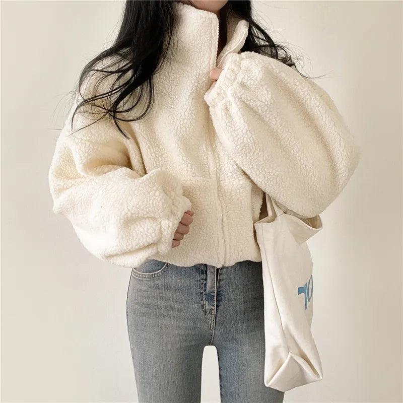 Over-Sized Fluffy Zip-up Collared Jacket