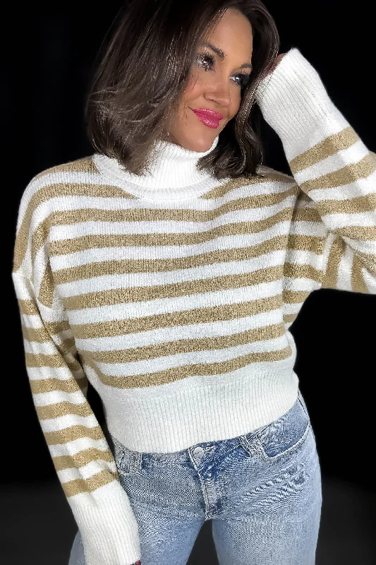 Alpine Cream And Taupe Striped Turtleneck Sweater