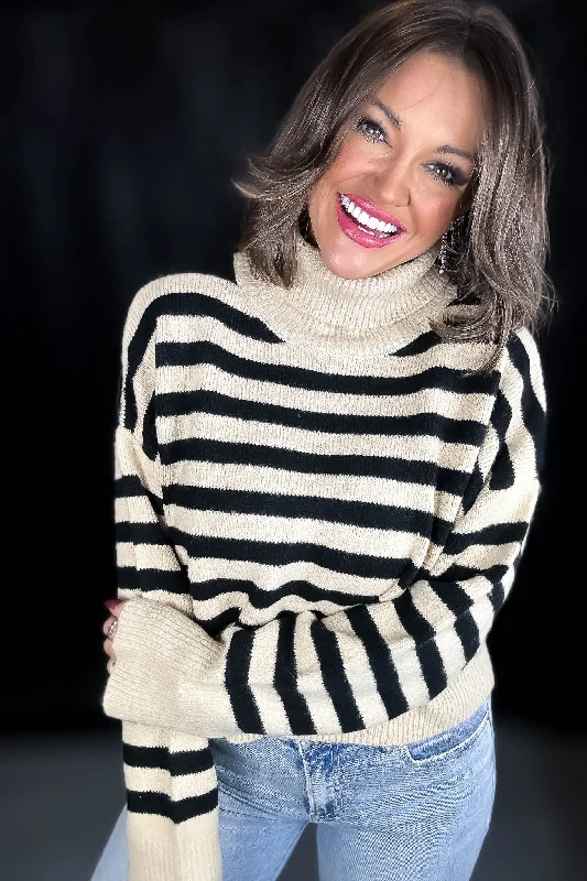 Alpine Taupe And Black Striped Turtleneck Sweater