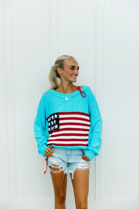 American Flag Lightweight Sweater - Aqua