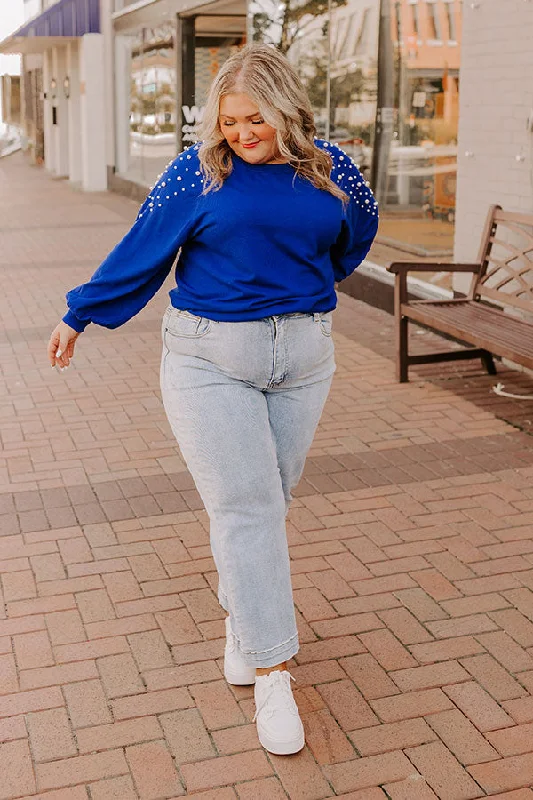 Feeling Spontaneous Embellished Sweater Top In Royal Blue Curves