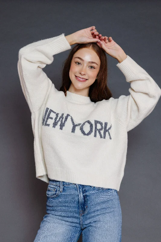 New York Letter Front Sweater in Cream