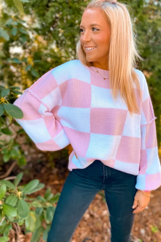 Pink Checkered Bishop Sleeve Sweater - Pink