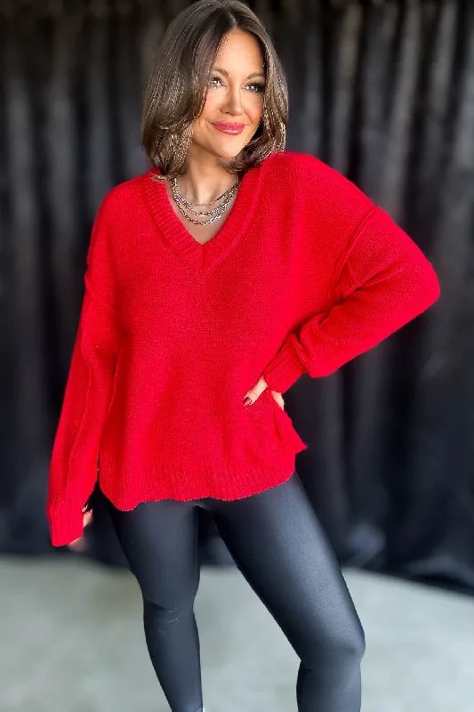 Red Chunky Braid Oversized Casual Sweater Knit Top