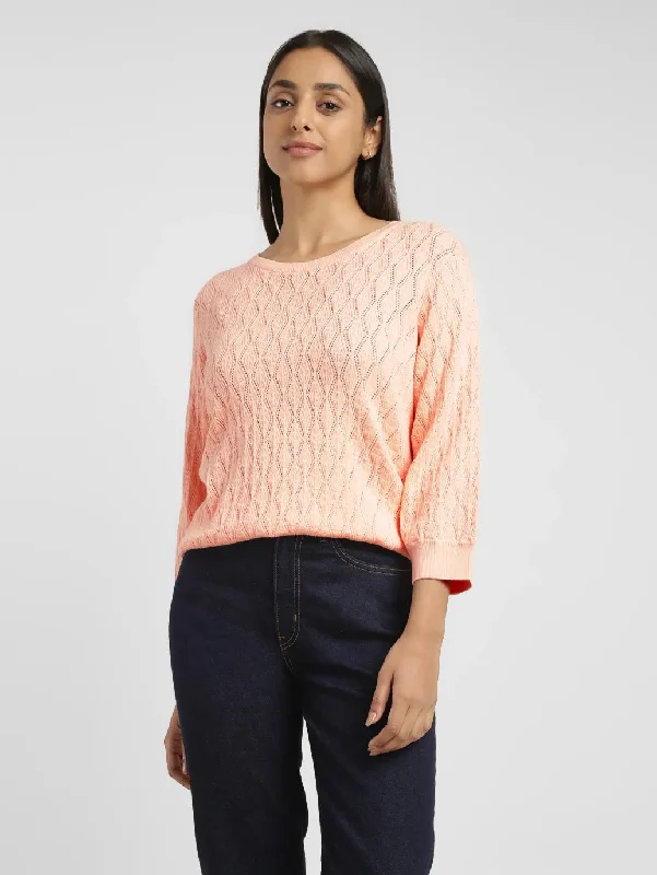 Women's Self Design Peach Crew Neck Sweater