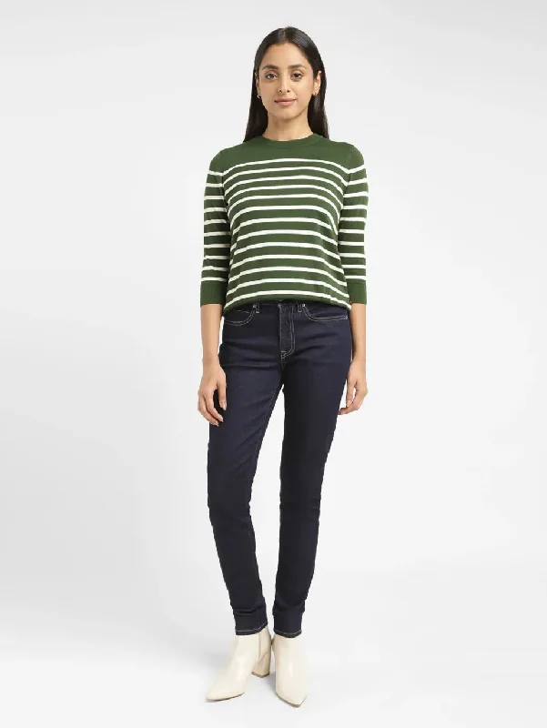 Women's Striped Green Crew Neck Sweater