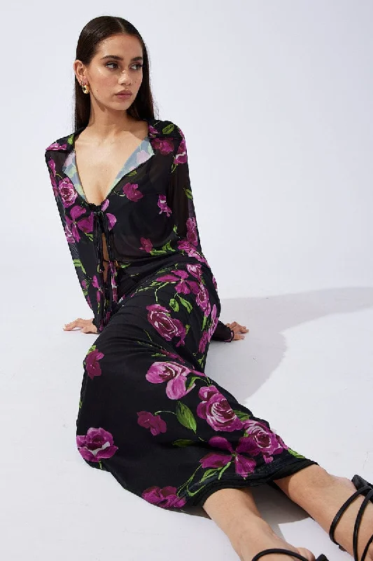 Black Floral Maxi Skirt High Rise Mesh