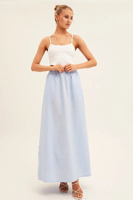 Blue Maxi Skirt Linen Blend Side Split