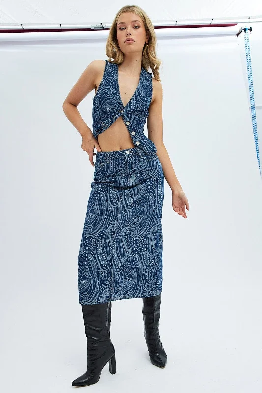 Denim Midi Skirt Mid Rise Straight Fit Paisley Denim