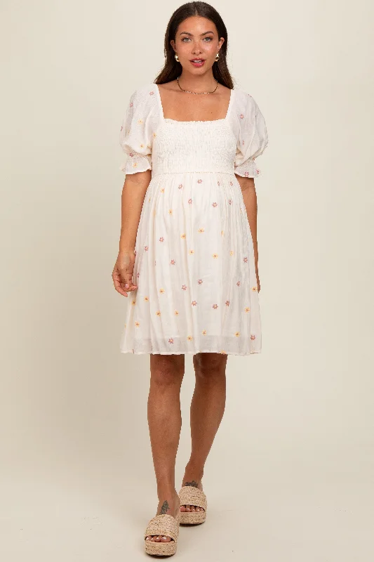 Cream Floral Embroidered Smocked Maternity Dress