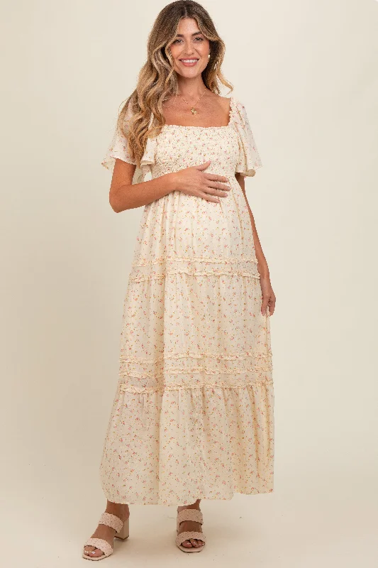 Cream Floral Smocked Square Neck Flutter Sleeve Maternity Midi Dress