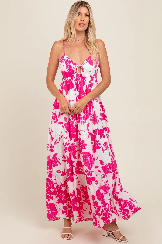 Fuchsia Tropical Floral Open Back Maxi Dress