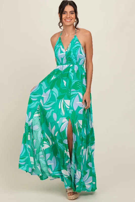 Green Floral Smocked Halter Open Back Maxi Dress