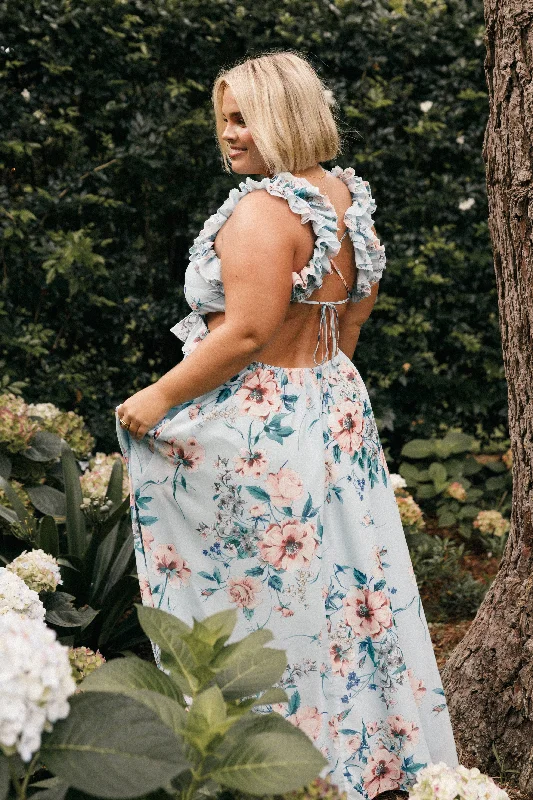 Lucah Frill Shoulder Maxi Dress - Blue Floral