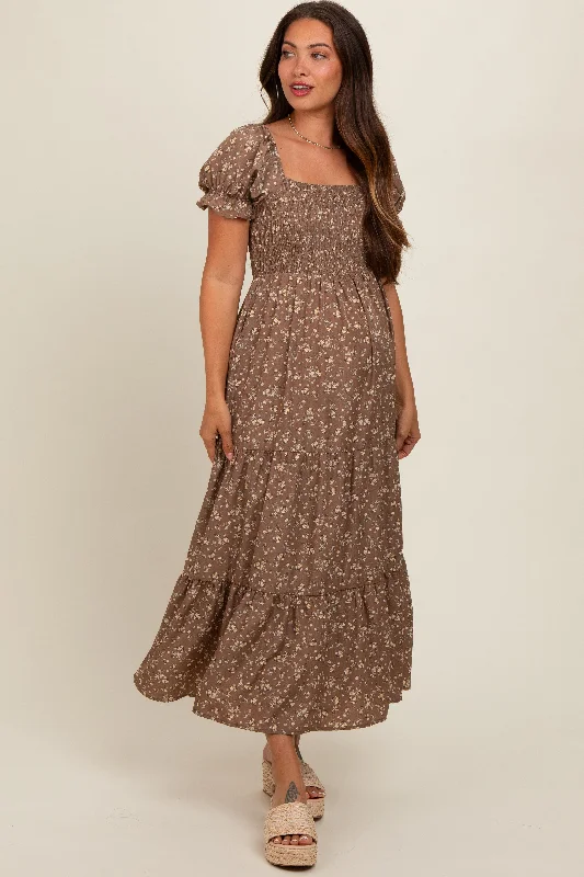 Mocha Floral Short Sleeve Maternity Maxi Dress