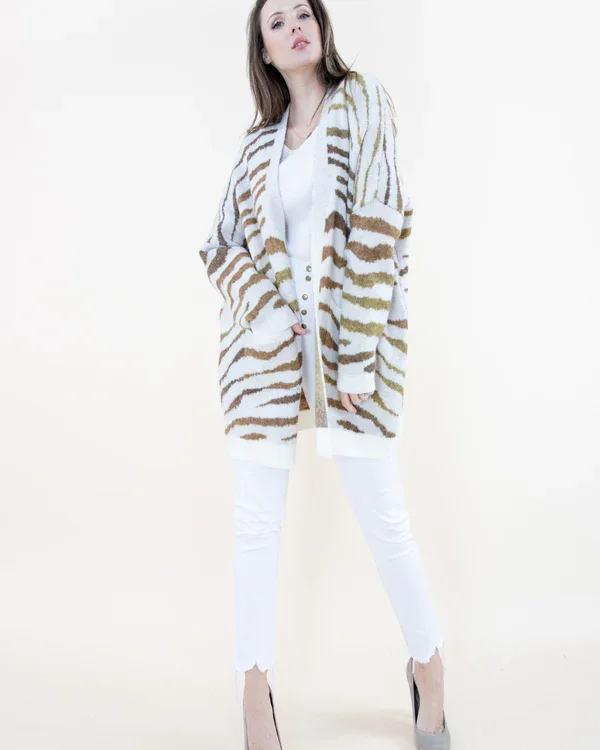 Gold & White Tiger Print Cardigan w/ Pockets